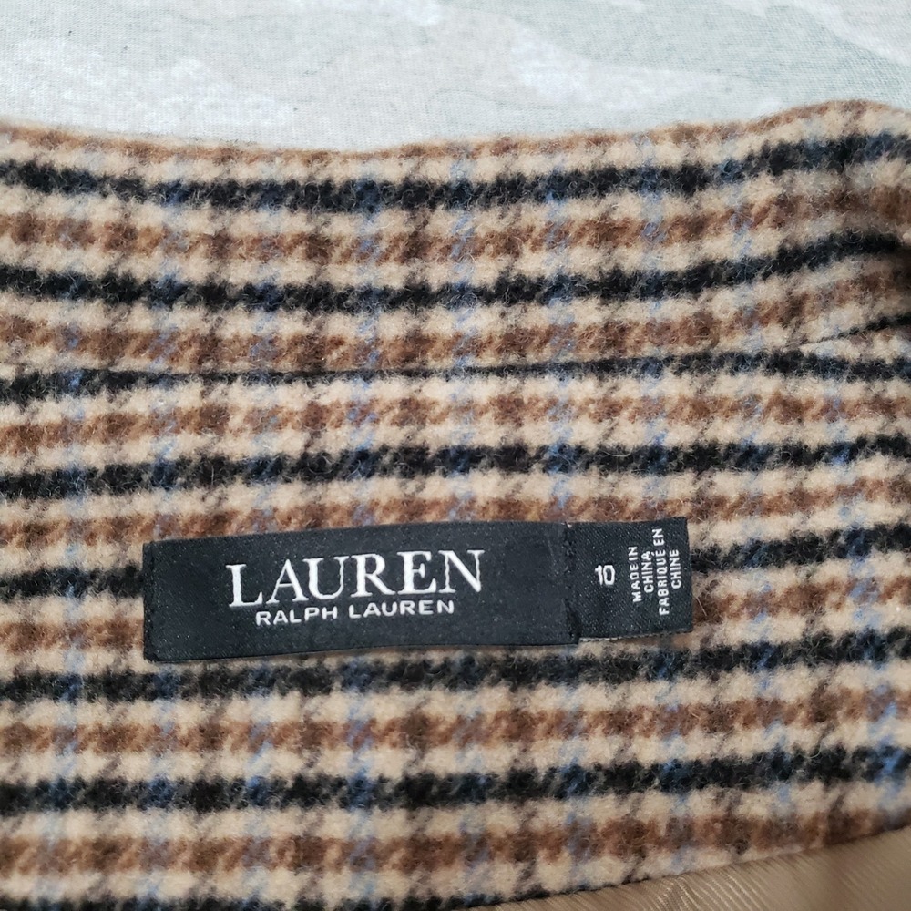 Lauren Ralph Lauren Coat Women 10 Brown Mid Length Button Houndstooth Wool Blend - Picture 3 of 8